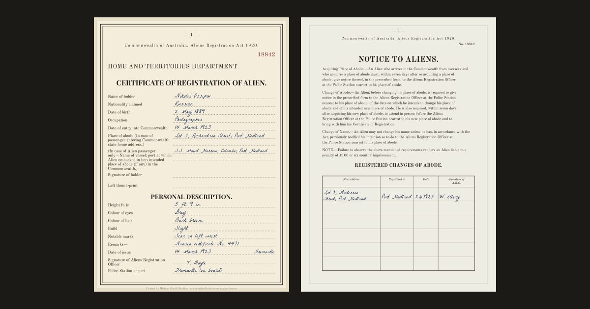 The Australian certificate of registration of alien: Nikolai Ossipov