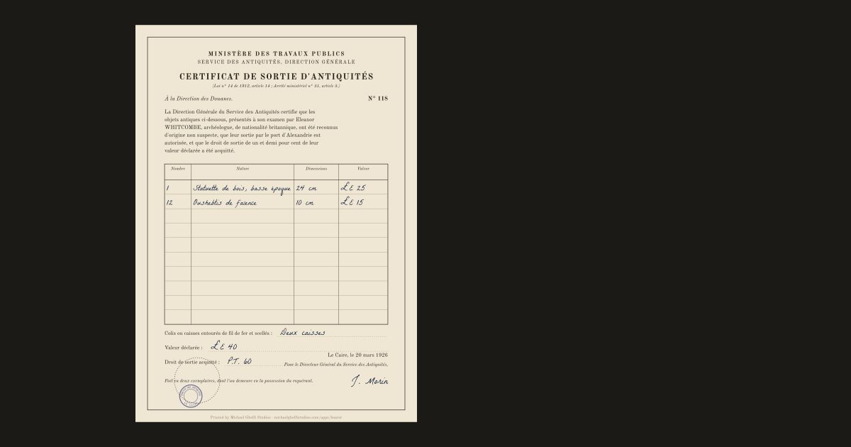 The Egyptian certificate of export of antiquities: Eleanor WHITCOMBE