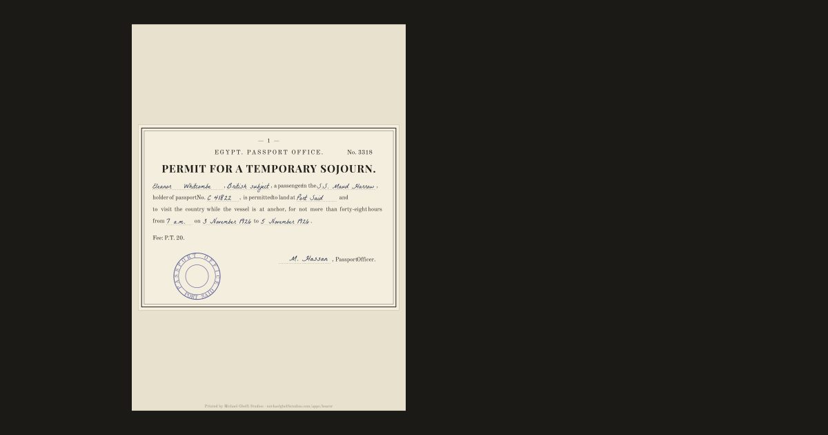 The Egyptian permit for a temporary sojourn: Eleanor Whitcombe