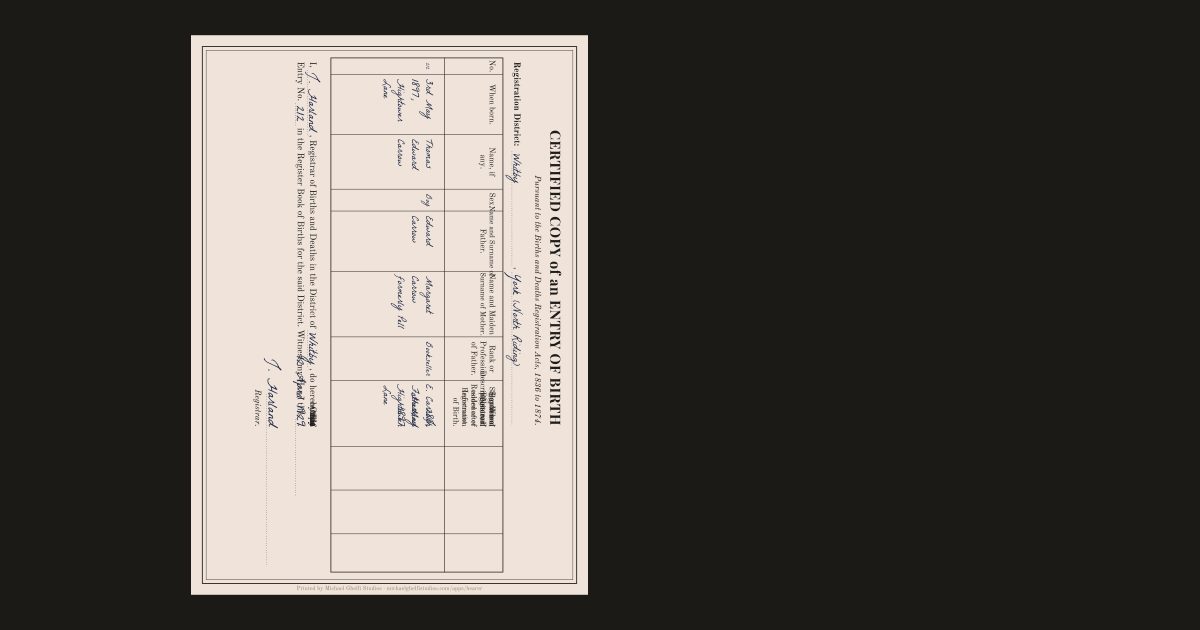 The English birth certificate: Thomas Edward Carrow