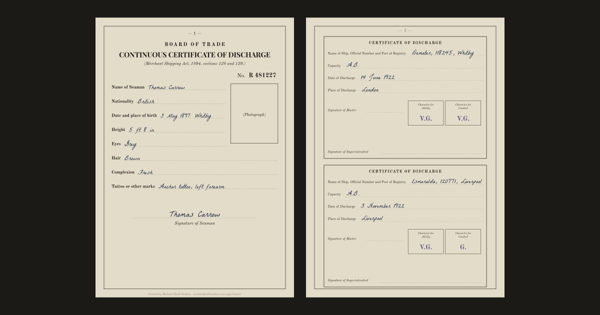 The British seaman's discharge book: Thomas Carrow