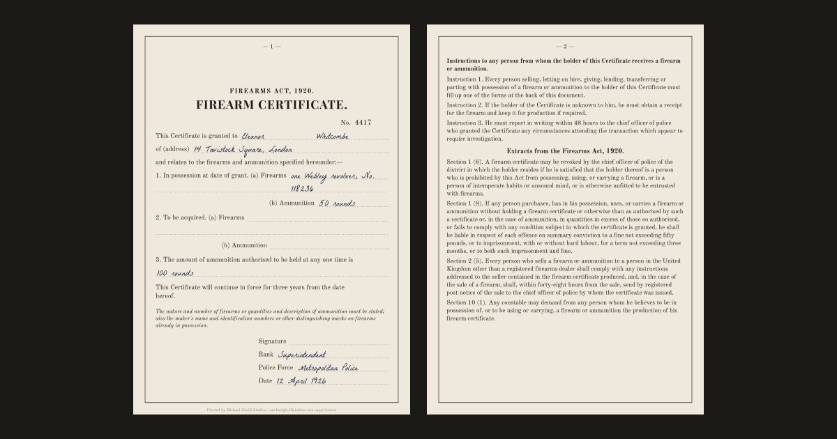 The firearm certificate: Eleanor Whitcombe