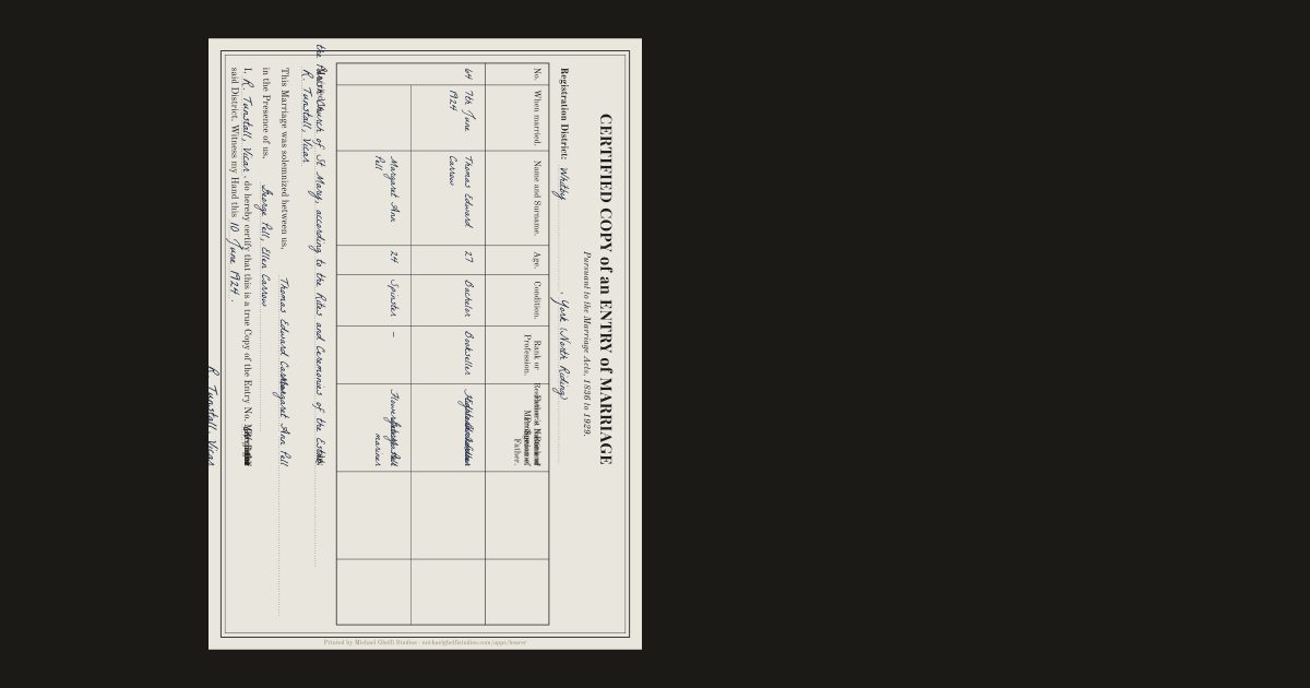 The English marriage certificate: Thomas Edward Carrow