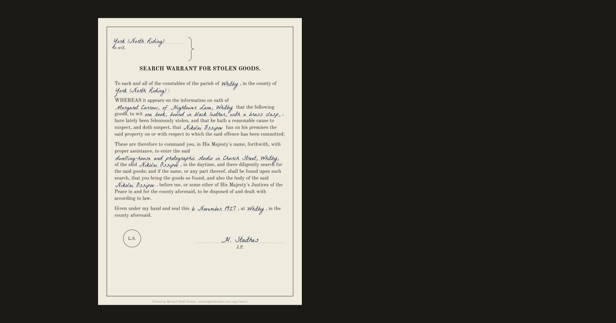 The English search warrant: Nikolai Ossipov