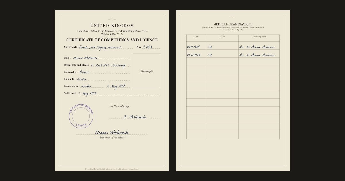 The pilot's licence of the convention of 1919: Eleanor Whitcombe