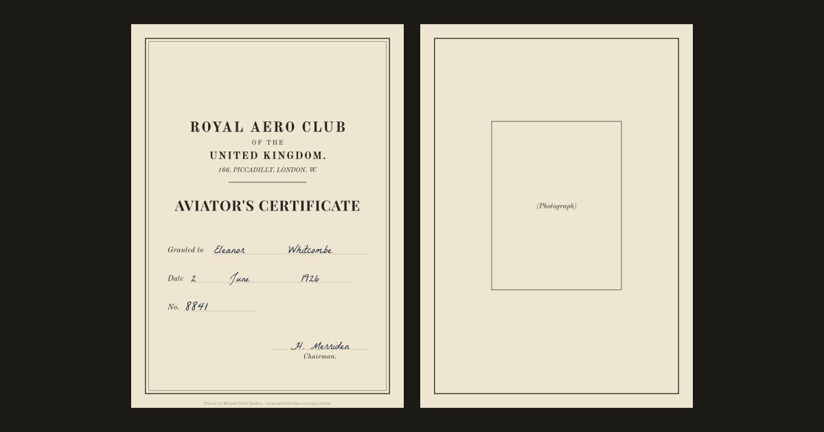 The Royal Aero Club aviator's certificate: Eleanor Whitcombe