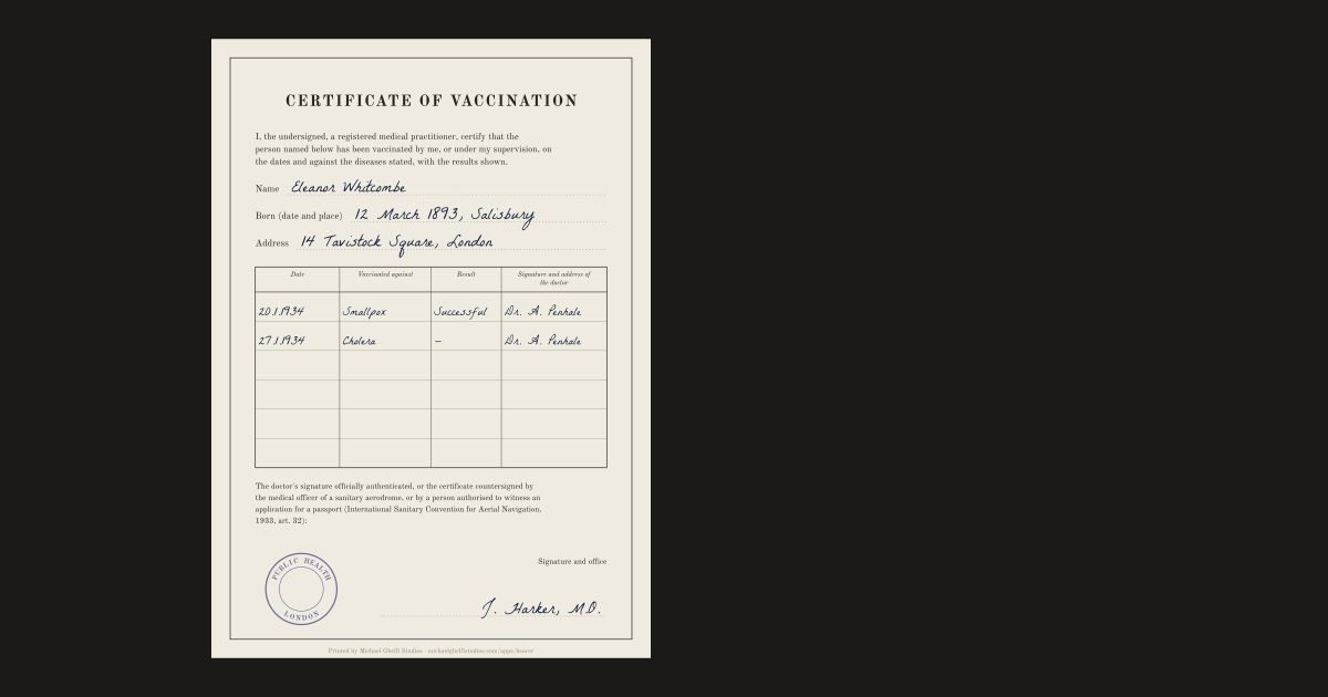 The certificate of vaccination: Eleanor Whitcombe