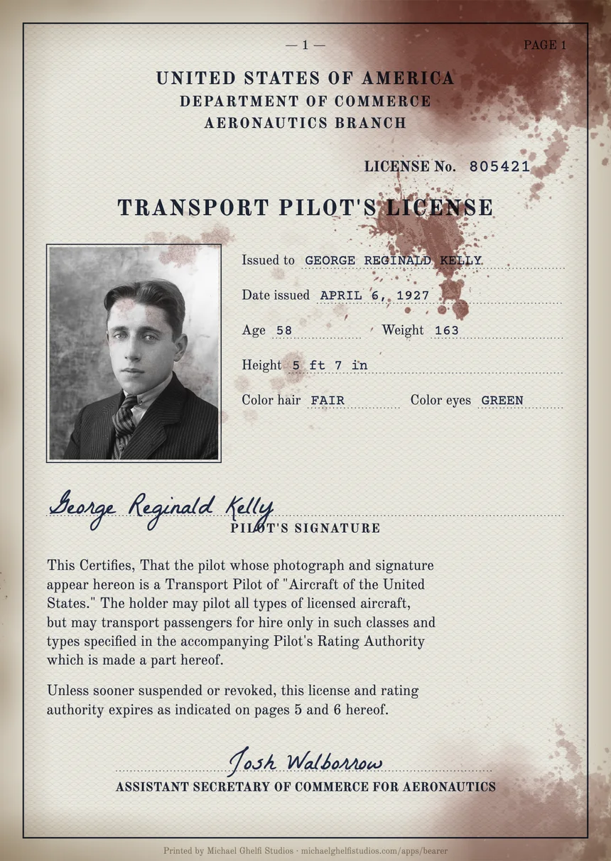 American transport pilot’s licence of 1927, blood-stained