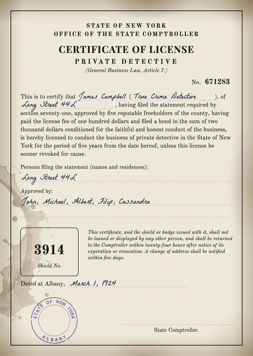 New York State private detective’s licence, 1924