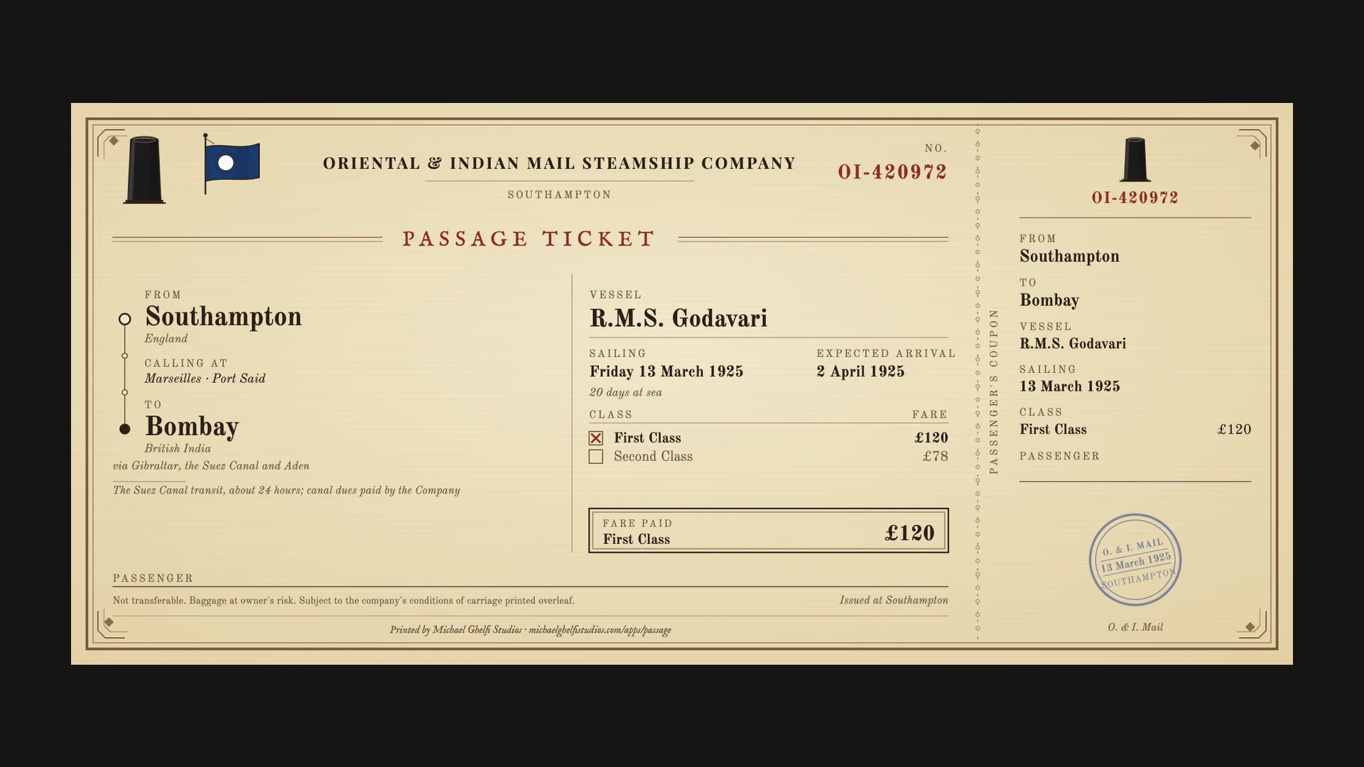 Steamer ticket from Southampton to Bombay, 1925
