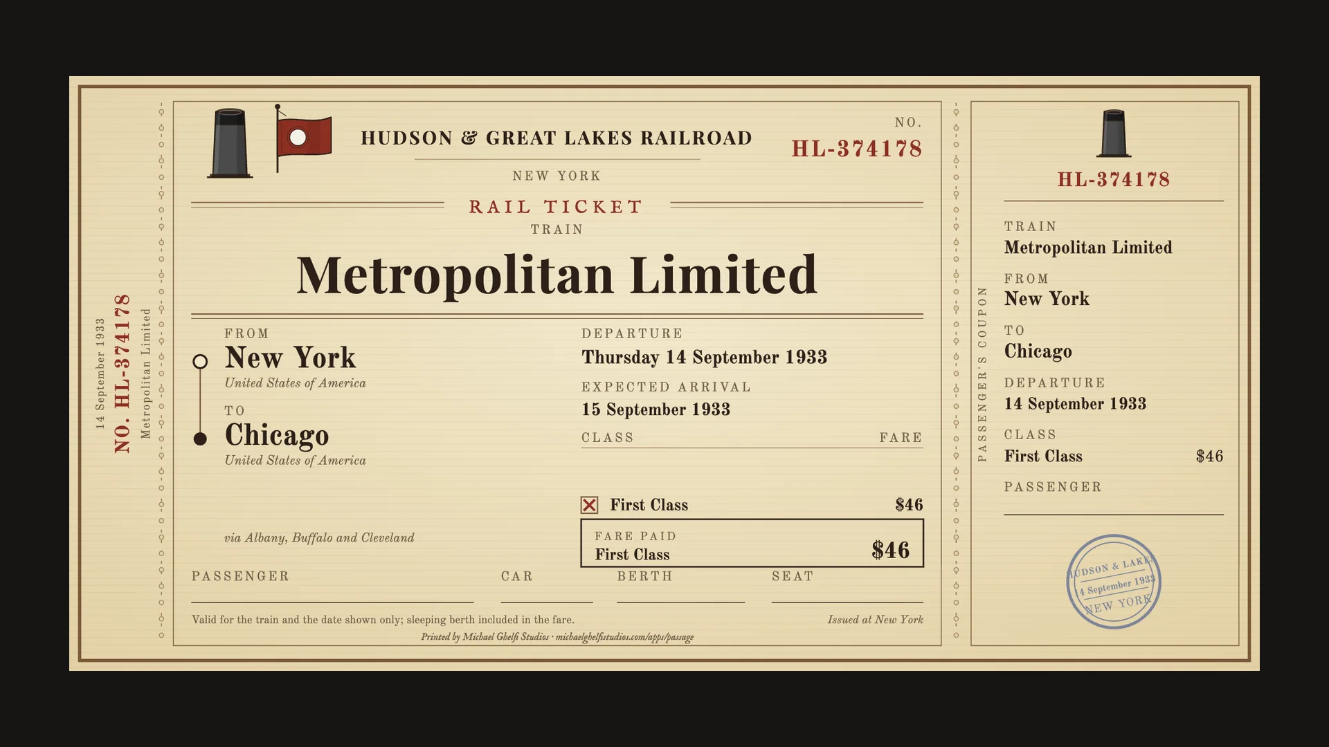 Metropolitan Limited rail ticket, New York to Chicago, 1933