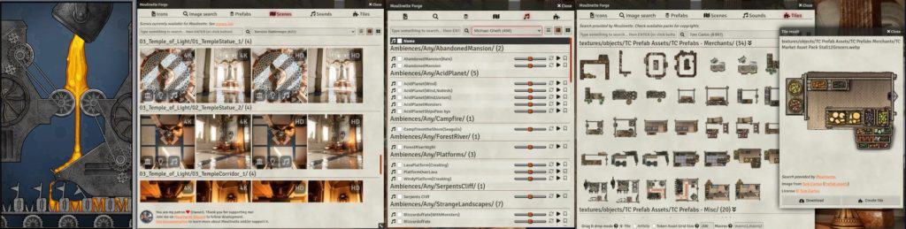 The image showcases the **Moulinette Forge** interface integrated into **FoundryVTT**, a popular **TTRPG virtual tabletop platform**. The screen is divided into panels demonstrating Moulinette's features, including prefabs, scenes, sounds, and tiles. Highlights include **Michael Ghelfi Studios**' immersive ambient tracks and high-definition 4K assets for detailed map-building. The right panel shows modular tile assets, such as a grocer's market stall, ideal for creating dynamic and engaging **TTRPG environments**. Moulinette simplifies resource management and enhances storytelling for game masters using FoundryVTT.