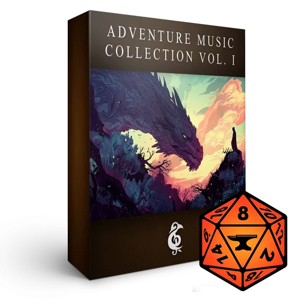 A 3D render of an album box labeled Adventure Music Collection Vol. I. Published by Michael Ghelfi Studios (MGS). Features FoundryVTT's logo.