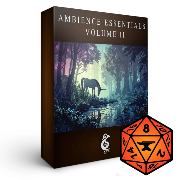 A 3D render of an album box labeled Ambience Essentials Volume II. Published by Michael Ghelfi Studios (MGS). Features FoundryVTT's logo.