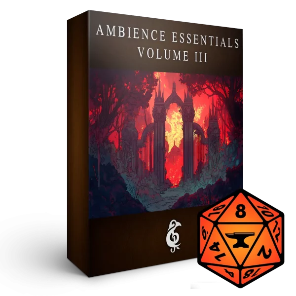 A 3D render of an album box labeled Ambience Essentials Volume III. Published by Michael Ghelfi Studios (MGS). Features FoundryVTT's logo.