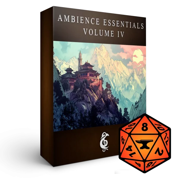 A 3D render of an album box labeled Ambience Essentials Volume IV. Published by Michael Ghelfi Studios (MGS). Features FoundryVTT's logo.