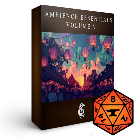 A 3D render of an album box labeled Ambience Essentials Volume V. Published by Michael Ghelfi Studios (MGS). Features FoundryVTT's logo.