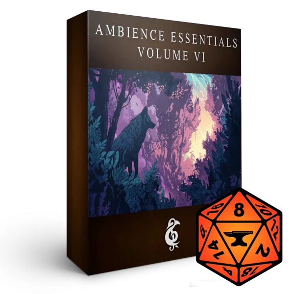 A 3D render of an album box labeled Ambience Essentials Volume VI. Published by Michael Ghelfi Studios (MGS). Features FoundryVTT's logo.