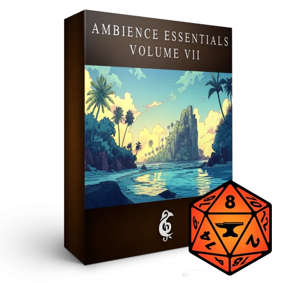 A 3D render of an album box labeled Ambience Essentials Volume VII. Published by Michael Ghelfi Studios (MGS). Features FoundryVTT's logo.