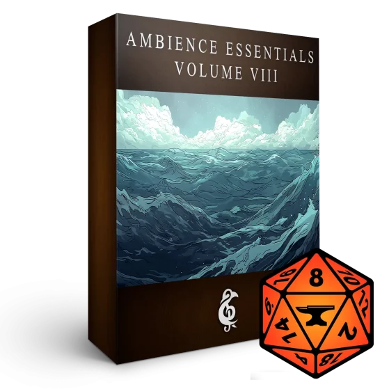 A 3D render of an album box labeled Ambience Essentials Voluem VIII. Published by Michael Ghelfi Studios (MGS). Features FoundryVTT's logo.
