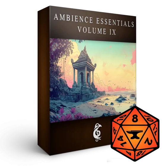 A 3D render of an album box labeled Ambience Essentials Volume IX. Published by Michael Ghelfi Studios (MGS). Features FoundryVTT's logo.