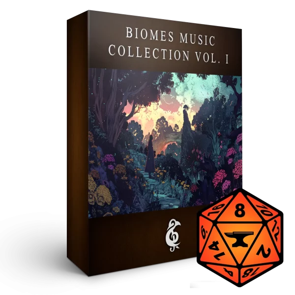 A 3D render of an album box labeled Biomes Music Collection Vol. I. Published by Michael Ghelfi Studios (MGS). Features FoundryVTT's logo.