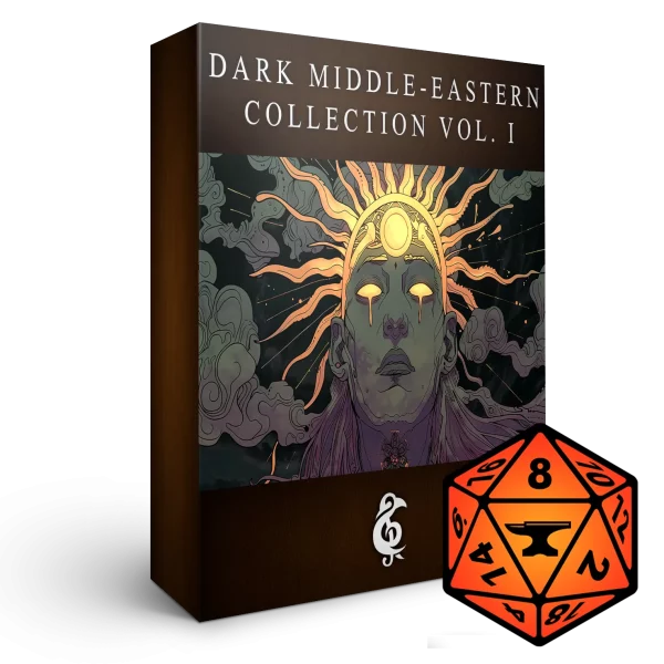 A 3D render of an album box labeled Dark Middle-Eastern Collection Vol. I. Published by Michael Ghelfi Studios (MGS). Features FoundryVTT's logo.