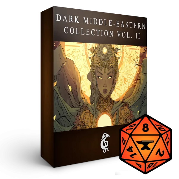 A 3D render of an album box labeled "Dark Middle-Eastern Collection Vol. II." Published by Michael Ghelfi Studios (MGS). Features FoundryVTT's logo.