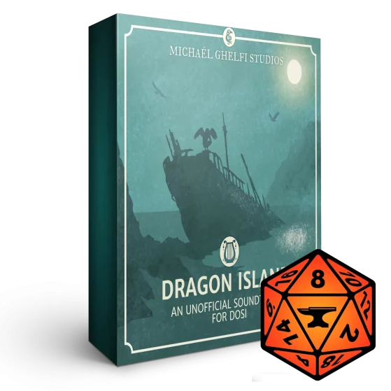 A 3D render of an album box labeled "Dragon Island: An Unofficial Soundtrack for DOSI." Published by Michael Ghelfi Studios. It features FoundryVTT's logo.