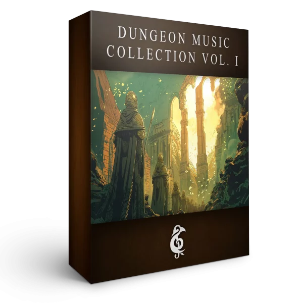 A 3D render of an album box labeled Dungeon Music Collection Vol. I. Published by Michael Ghelfi Studios (MGS).