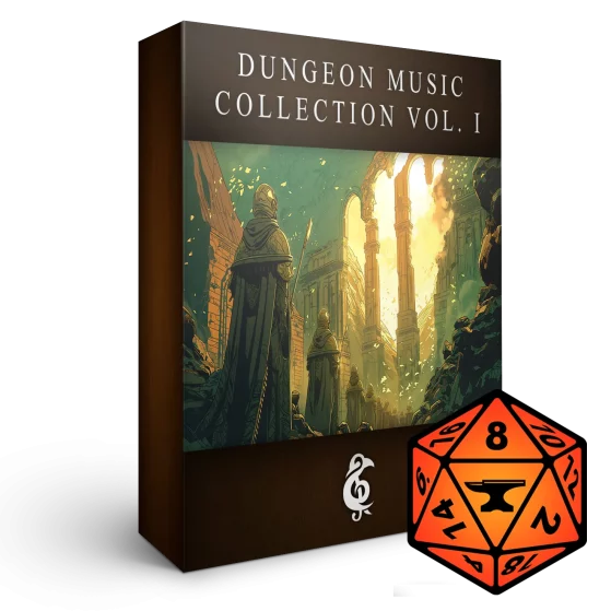 A 3D render of an album box labeled "Dungeon Music Collection Vol. I." Published by Michael Ghelfi Studios (MGS). Features FoundryVTT's logo.