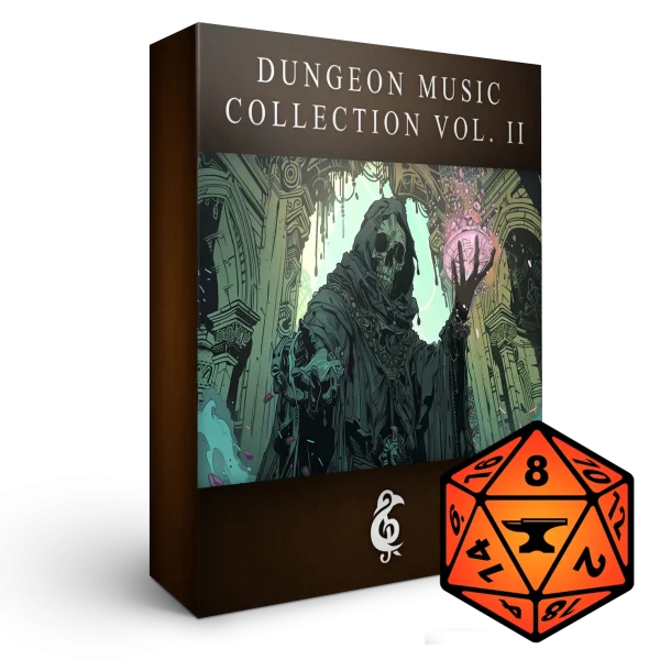 A 3D render of an album box labeled "Dungeon Music Collection Vol. II." Published by Michael Ghelfi Studios (MGS). Features FoundryVTT's logo.