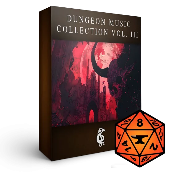 A 3D render of an album box labeled "Dungeon Music Collection Vol. III." Published by Michael Ghelfi Studios (MGS). Features FoundryVTT's logo.