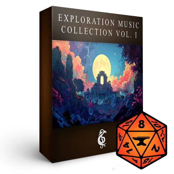 A 3D render of an album box labeled "Exploration Music Collectin Vol. I." Published by Michael Ghelfi Studios (MGS). Features FoundryVTT's logo.