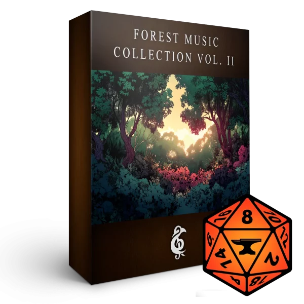 A 3D render of an album box labeled "Forest Music Collection Vol. II." Published by Michael Ghelfi Studios (MGS). Features FoundryVTT's logo.