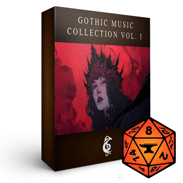 A 3D render of an album box labeled "Gothic Music Collection Vol. I." Published by Michael Ghelfi Studios. Features FoundryVTT's logo.