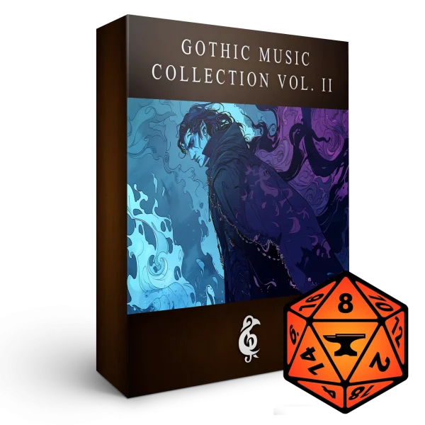 A 3D render of an album labeled "Gothic Music Collection Vol. II" from Michael Ghelfi Studios (MGS), featuring the FoundryVTT logo.