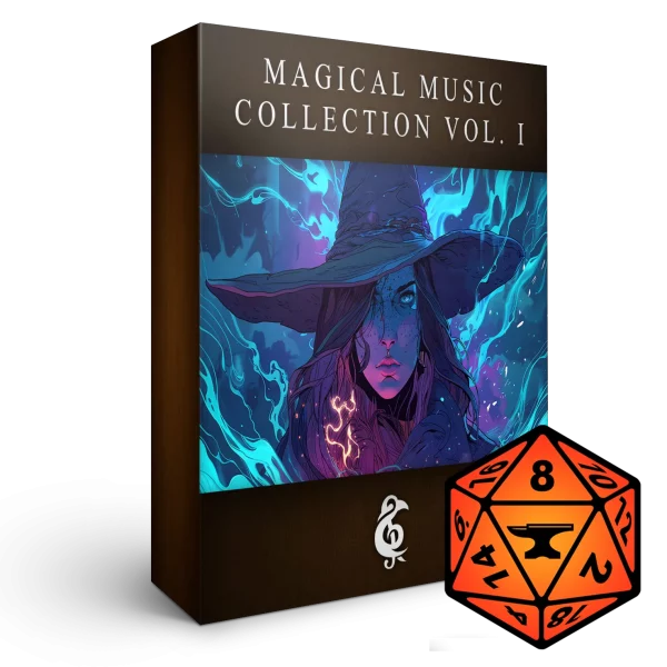 A 3D render of an album box labeled "Magical Music Collection Vol. I." Published by Michael Ghelfi Studios. Featuring FoundryVTT's logo.