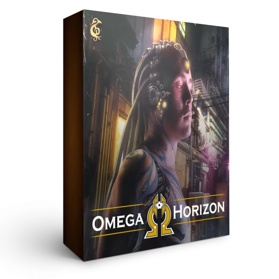 A 3D render of an album box labeled "Omega Horizon." Published by Michael Ghelfi Studios (MGS).