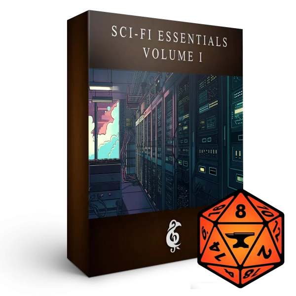 A 3D render of an album box labeled Sci-Fi Essentials Volume I. Published by Michael Ghelfi Studios (MGS). Features FoundryVTT's logo.