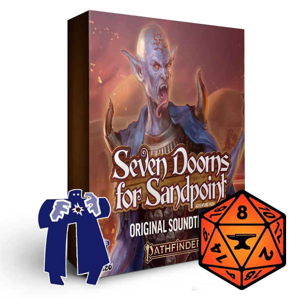 A 3D render of an album box labeled Seven Dooms for Sandpoint. Published by Michael Ghelfi Studios (MGS). Features Paizo's and FoundryVTT's logo.