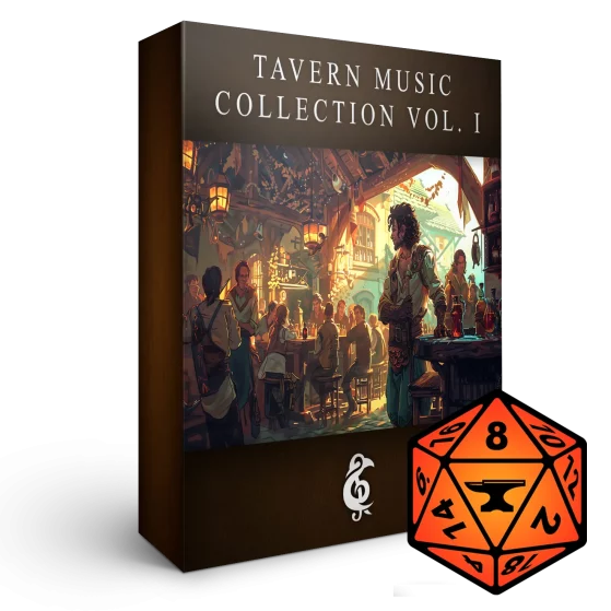 A 3D render of an album box labeled Tavern Music Collection Vol. I. Published by Michael Ghelfi Studios (MGS). Features FoundryVTT's logo.