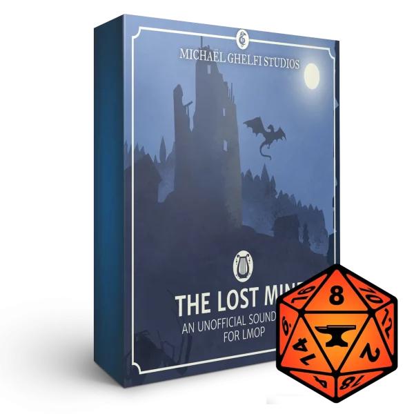 A 3D render of an album box labeled "The Lost Mine: An Unofficial Soundtrack for LMOP." It also features the logo for FoundryVTT.