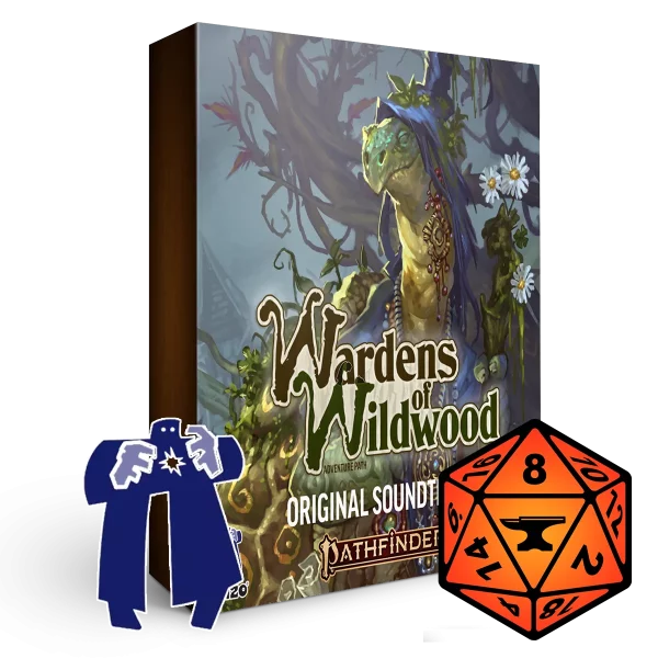 A 3D render of an album box labeled Wardens of Wildwood. Published by Michael Ghelfi Studios (MGS). Features the logos of FoundryVTT and Paizo.