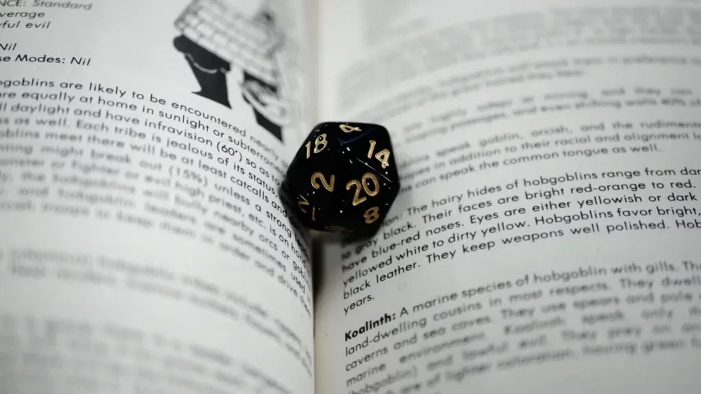 A photo of a Dungeons & Dragons die on top of book pages.