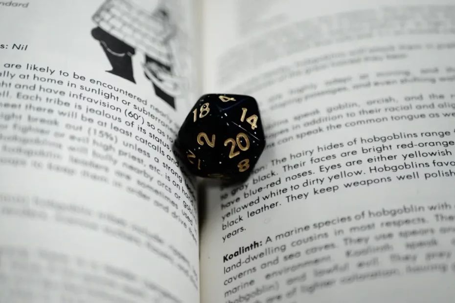 A photo of a Dungeons & Dragons die on top of book pages.