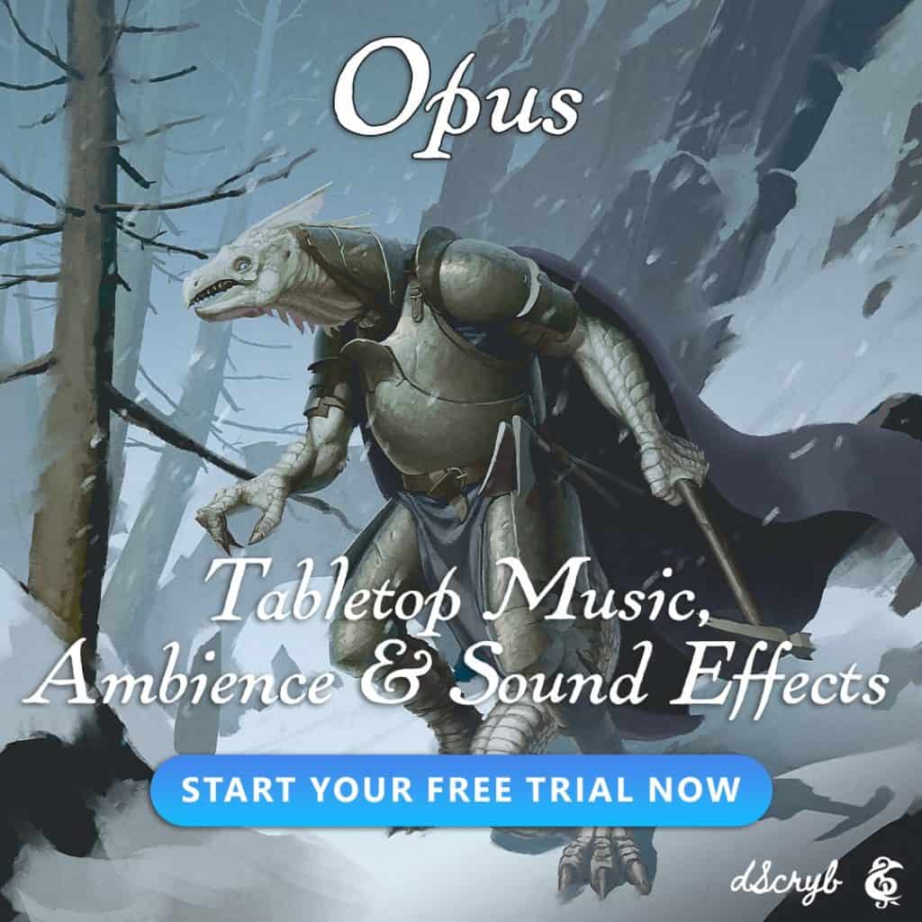 A promotional banner showcasing Opus, a TTRPG tool for DMs to manage descriptions and audio.