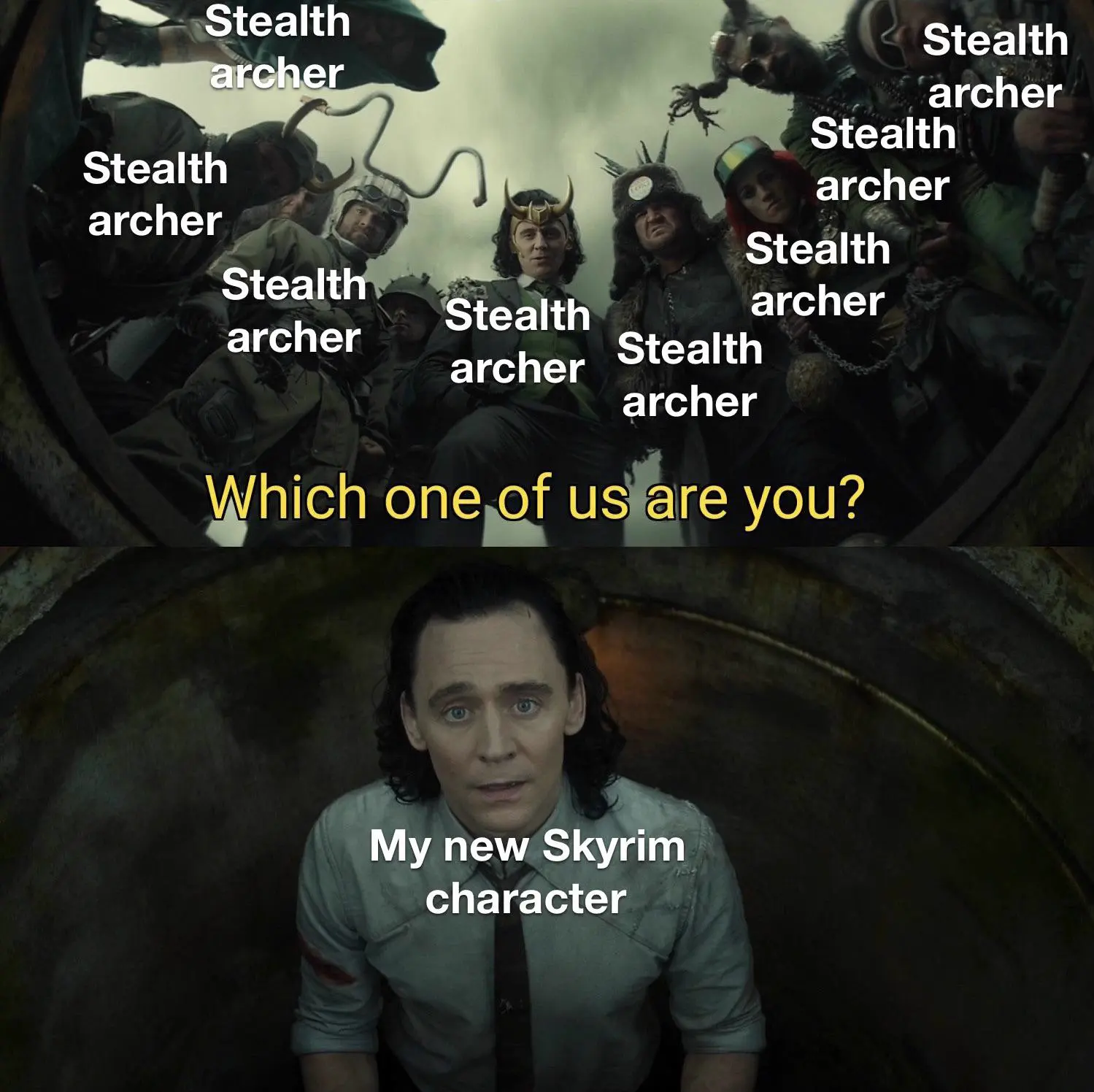 A meme template from the Loki series related to the stealth archer from Skyrim. Illustrates min-maxing.