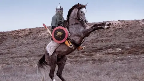 A photo of a man wearing LARP props, such as chainmail armor, wooden shield, and metal helm. Illustrates [alt text].