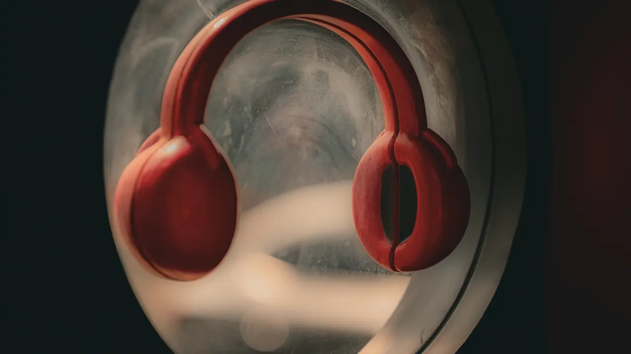 A photo of a a pair of red headphones sitting on top of a mirror. Illustrates [alt text].